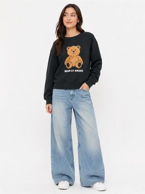 Forever 21 Bear-ly Awake Teddy Bear Fuzzy Graphic Sweatshirt Black S Y2K